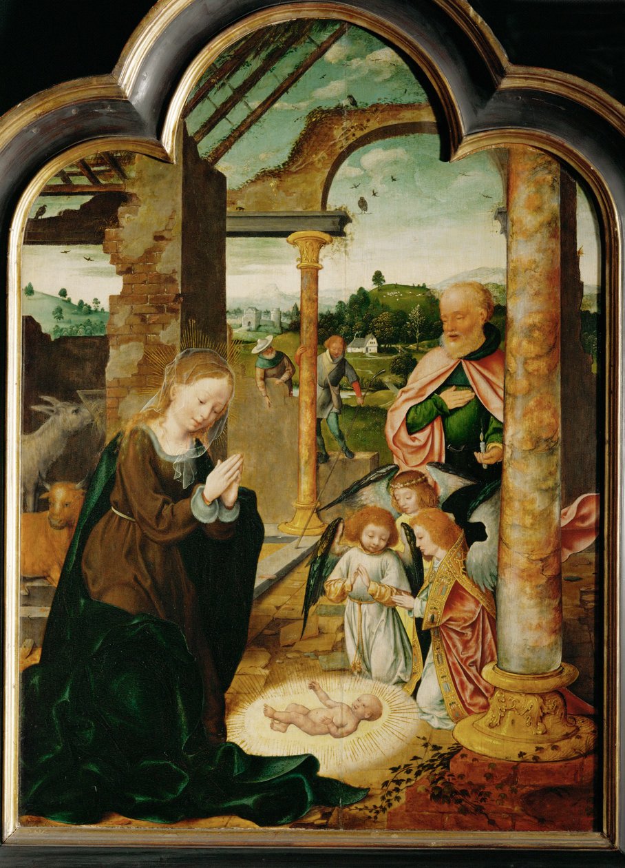 De geboorte van Christus (schilderij op eikenhout) door Joos van Cleve