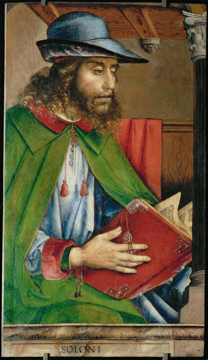 Solon, wetgever van Athene Uit een serie van 28 portretten, geschilderd rond 1475 voor de studiolo van Federigo van Montefeltre ... door Joos van Gent (fl.1460 75)