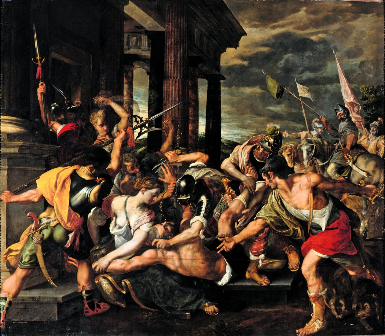 Het verraad van Delila en Simsons gevangenschap door de Filistijnen door Joos van Winghe