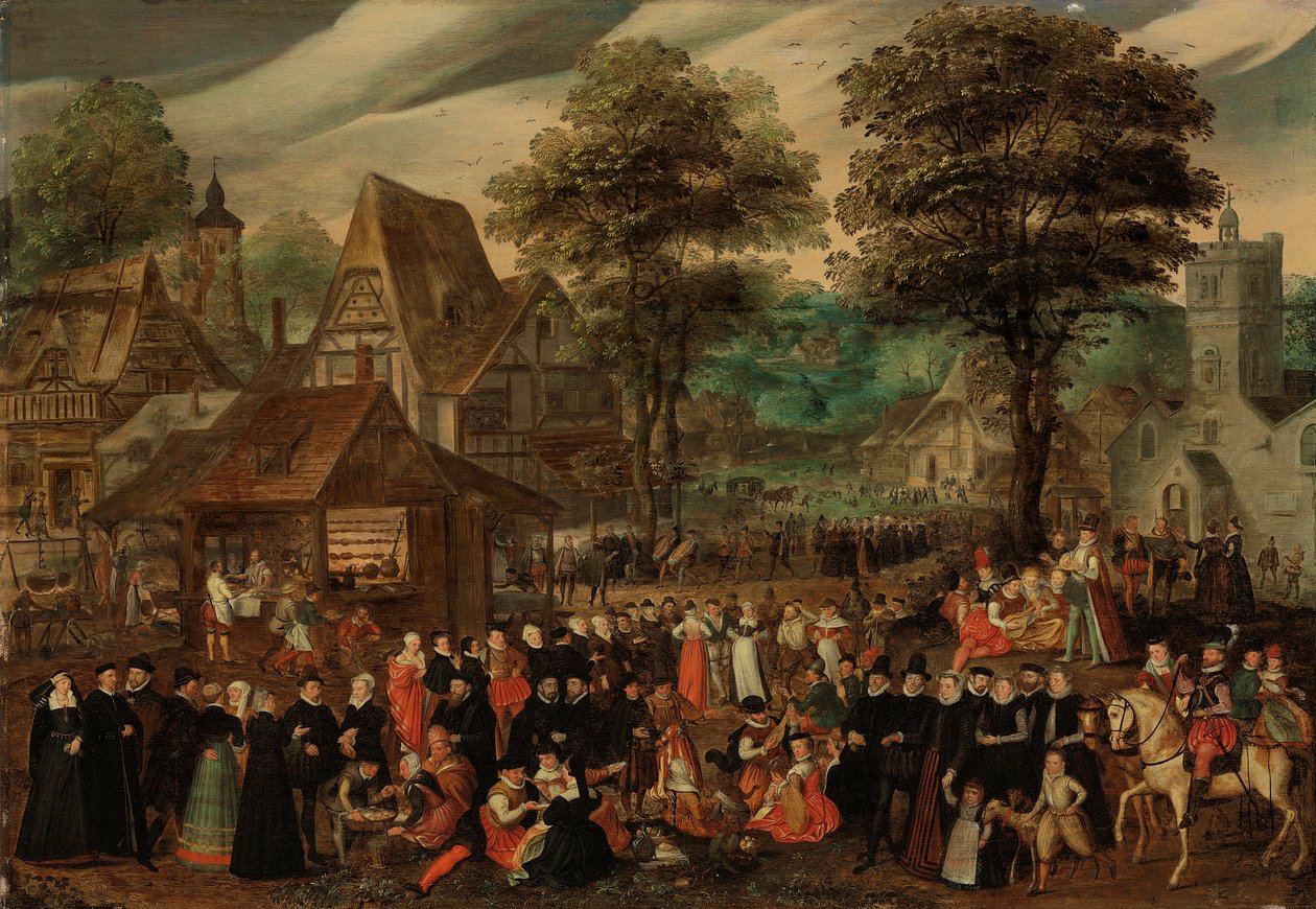 Een dorpsfeest met elegant geklede figuren in processie, een rivier en toren op de achtergrond door Joris Hoefnagel