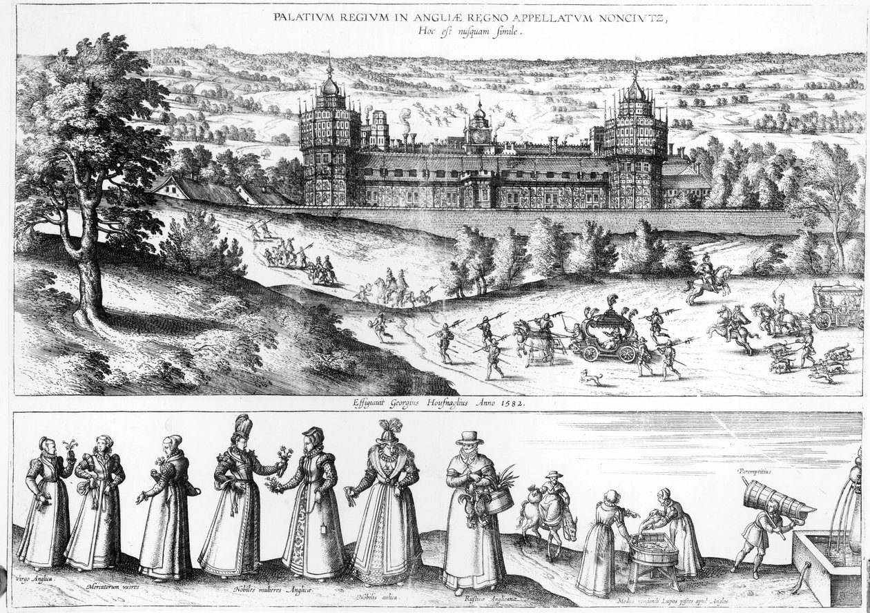 Aankomst van koningin Elizabeth I in Nonesuch Palace en mannen en vrouwen uit de Tudor-samenleving, 1582 door Joris Hoefnagel