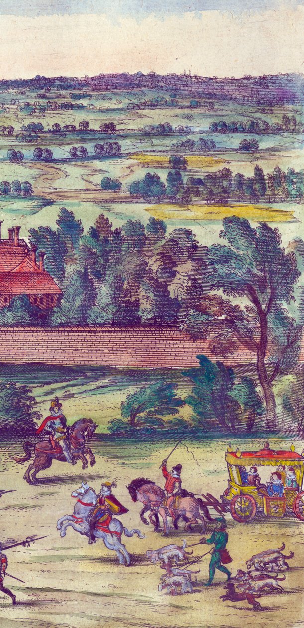 Hovelingen en jachthonden begeleiden de aankomst van koningin Elizabeth I in Nonsuch Palace (detail) door Joris Hoefnagel