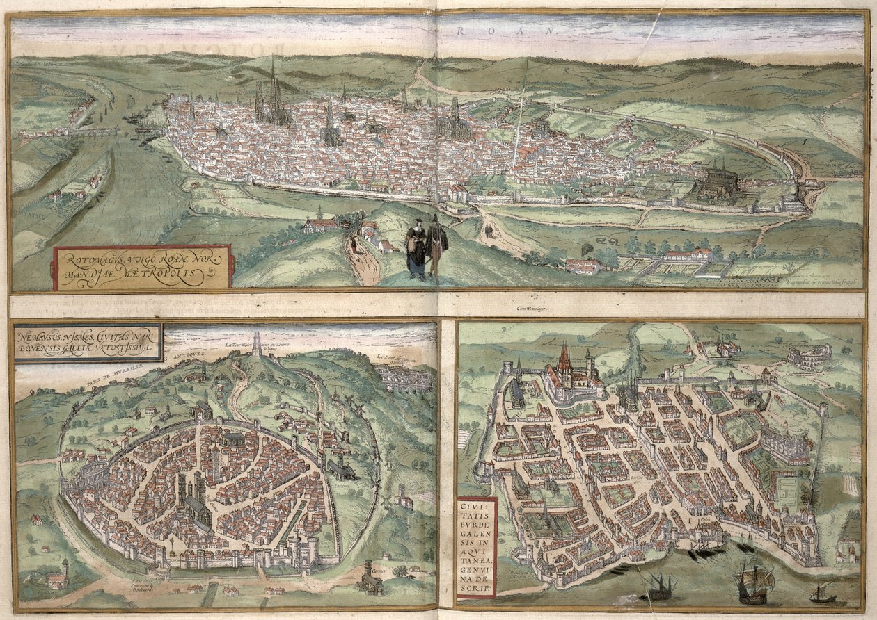 Stadsplannen van Rouen, Nîmes en Bordeaux, uit 