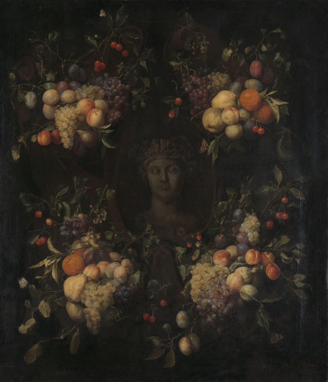 Gesimuleerde gebeeldhouwde kop van een vrouw in een cartouche versierd met fruitguirlandes door Joris van Son