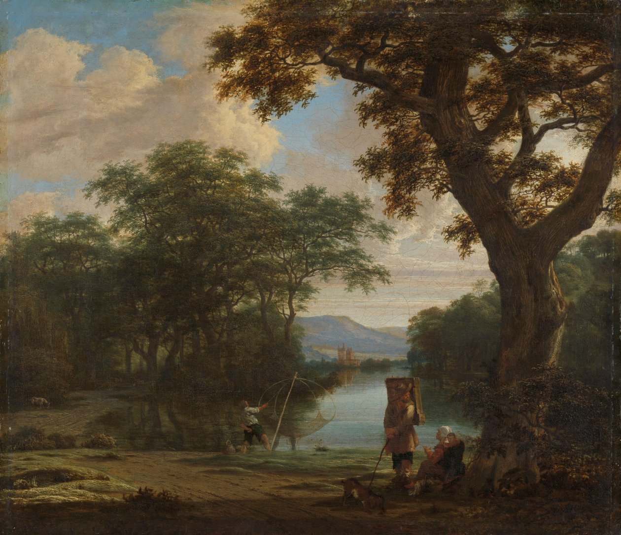 Landschap met visser met een vierkant net door Joris van der Haagen