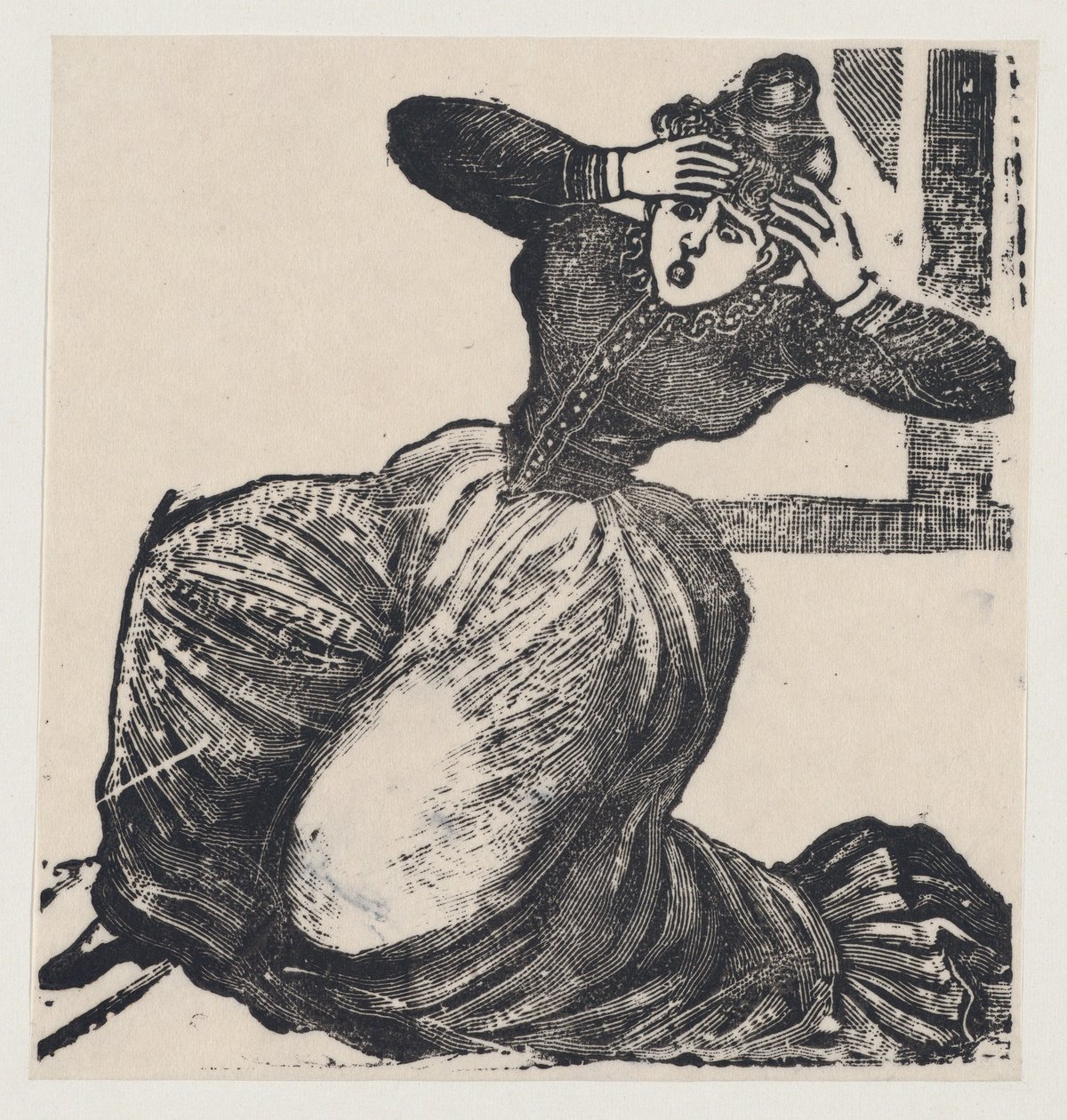 Een hijgende vrouw op de grond met haar handen opgeheven naar haar hoofd, uit een pamflet getiteld..., 1893 door José Guadalupe Posada