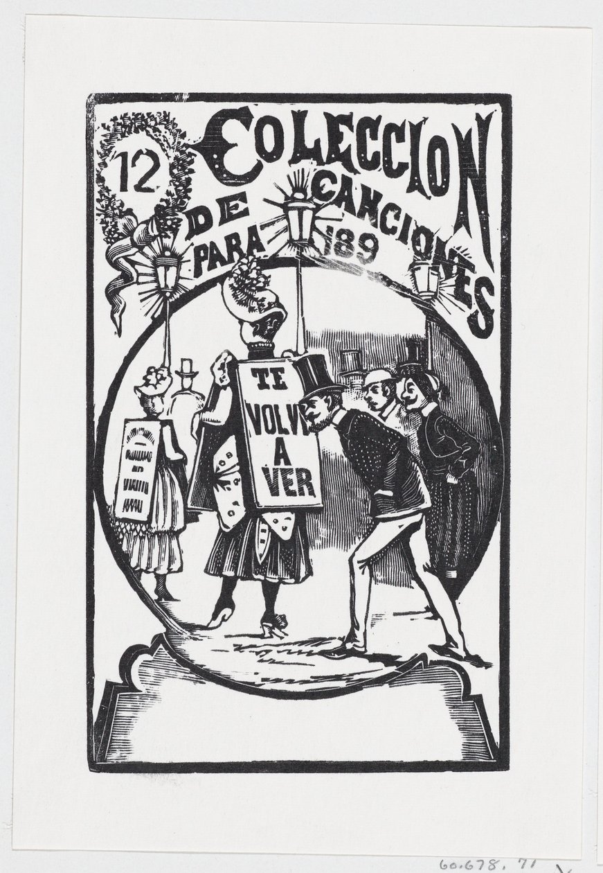 Een man buigt zich voorover om naar een vrouw met een bord op haar rug te kijken, illustratie voor, ca. 1890 door José Guadalupe Posada