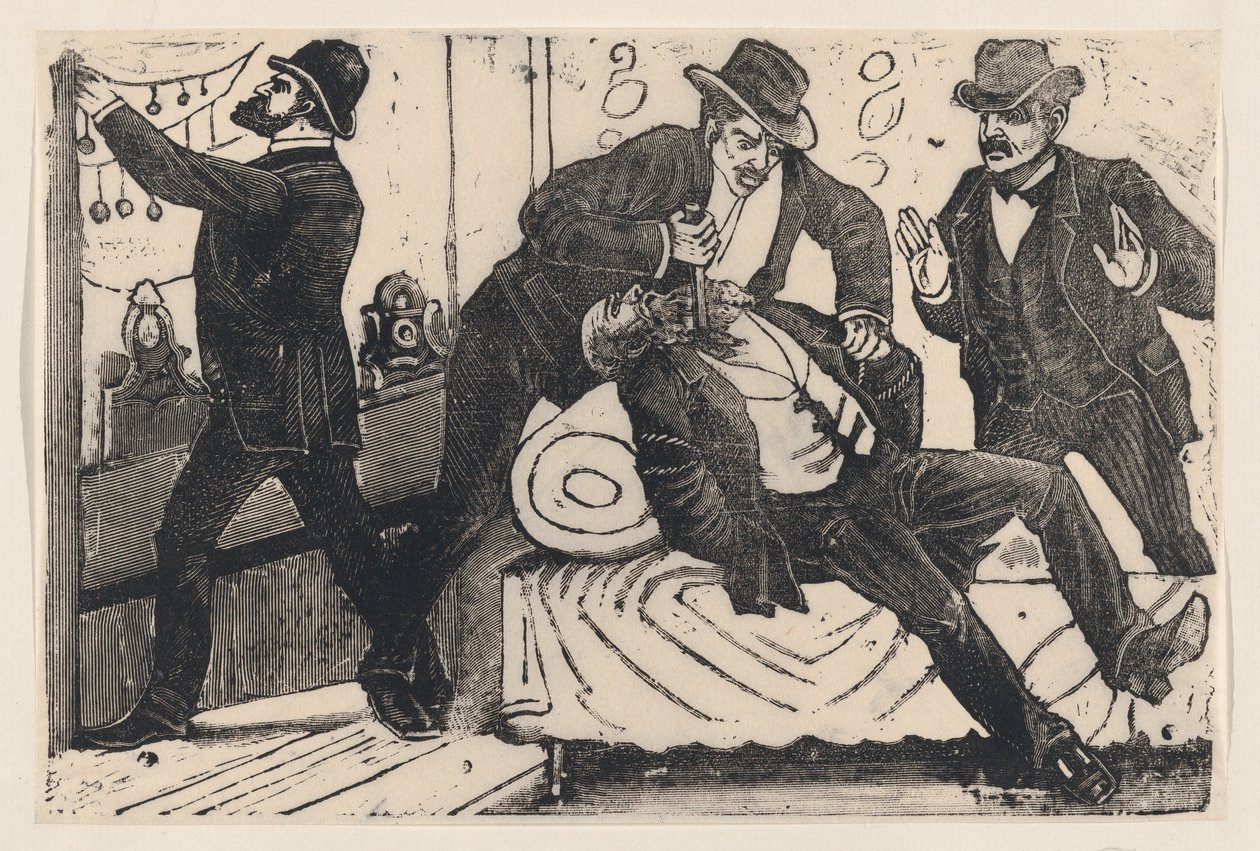 Een man steekt een andere man in de borst terwijl zijn handlangers een winkel plunderen, ca. 1890-1891 door José Guadalupe Posada