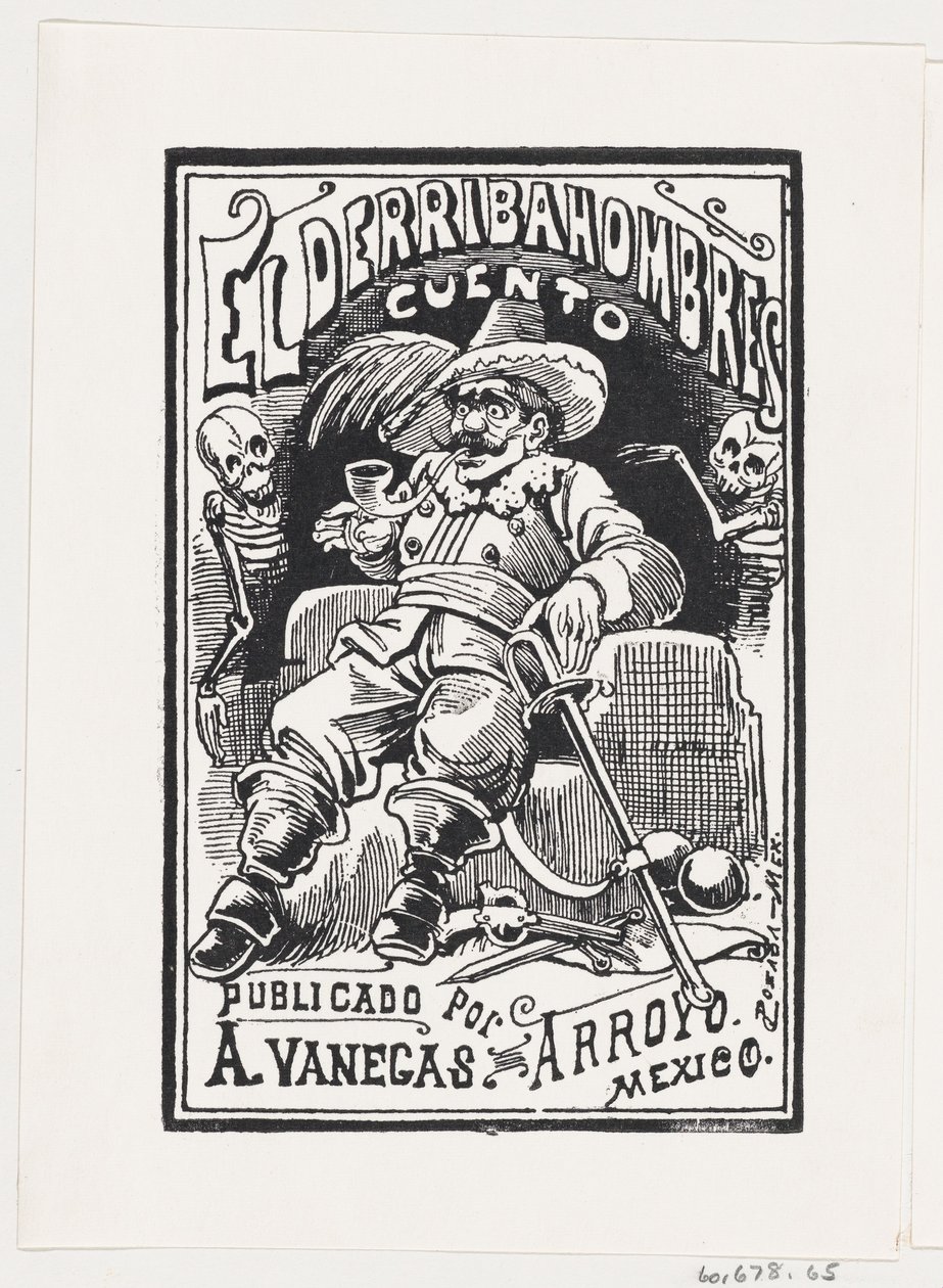 Een man met wapens en een pijp in zijn mond geflankeerd door twee skeletten, illustratie, ca. 1880-1910 door José Guadalupe Posada