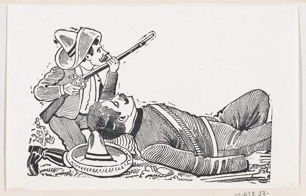 Een revolutionair met een geweer en knielend om een gevallen revolutionair te beschermen, ca. 1880-1910 door José Guadalupe Posada