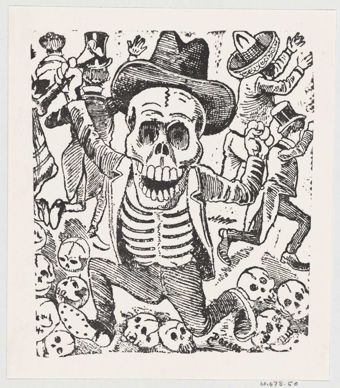 Een skelet dat een bot vasthoudt en over een stapel schedels springt terwijl mensen vluchten, ca. 1907 door José Guadalupe Posada
