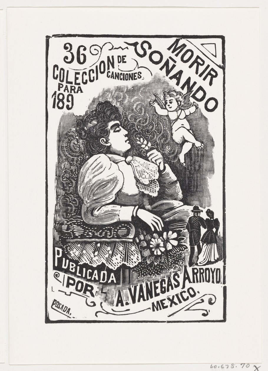 Profiel van een vrouw zittend in een stoel met haar hoofd achterover en een bloem vasthoudend, ca. 1890 door José Guadalupe Posada