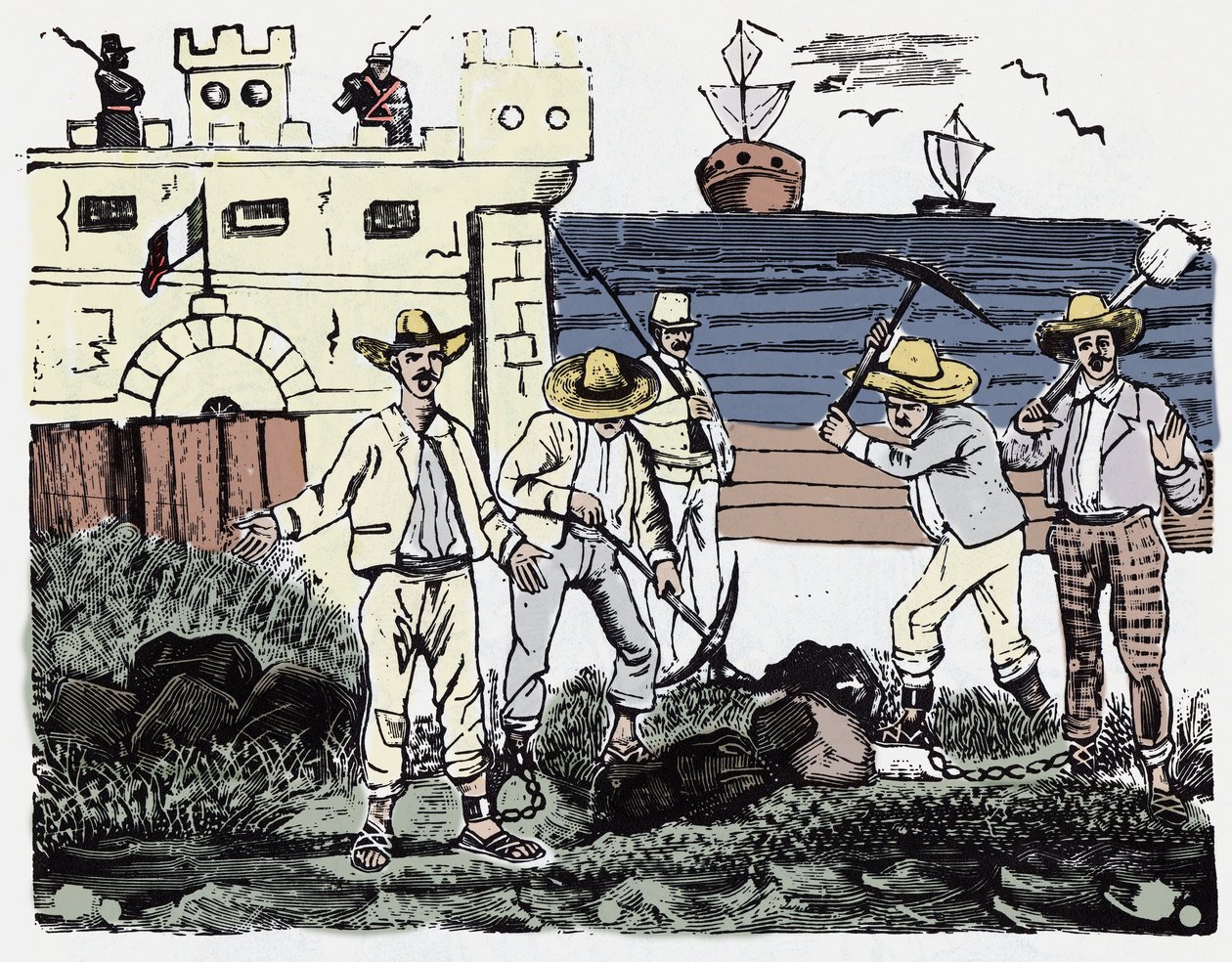 De Mexicaanse Revolutie (1910-1920): Groepen gevangenen aan dwangarbeid - Houtsnede door Jose Guadalupe Posada (1852-1913) door José Guadalupe Posada