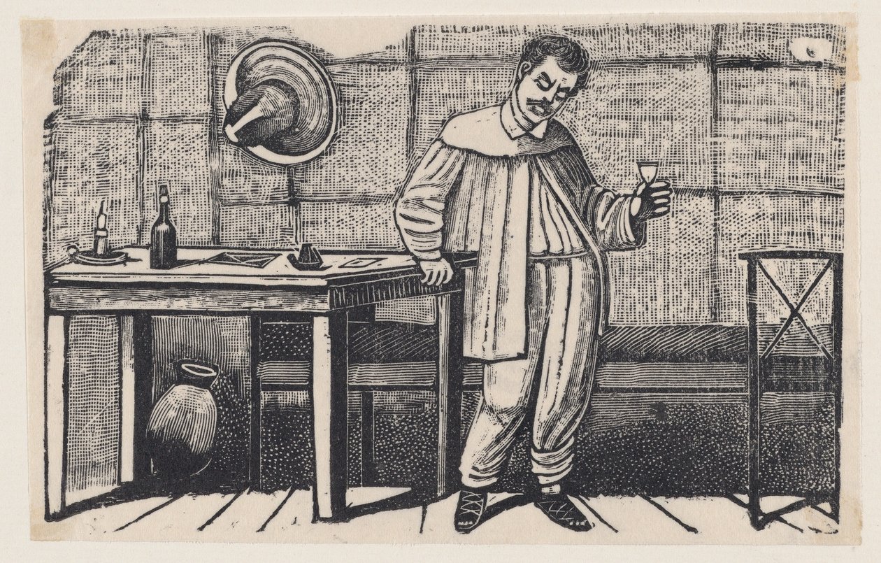 Een man met een glas in zijn hand die naar beneden kijkt en op een tafel leunt, een illustratie uit „El huérfano“ door José Guadalupe Posada
