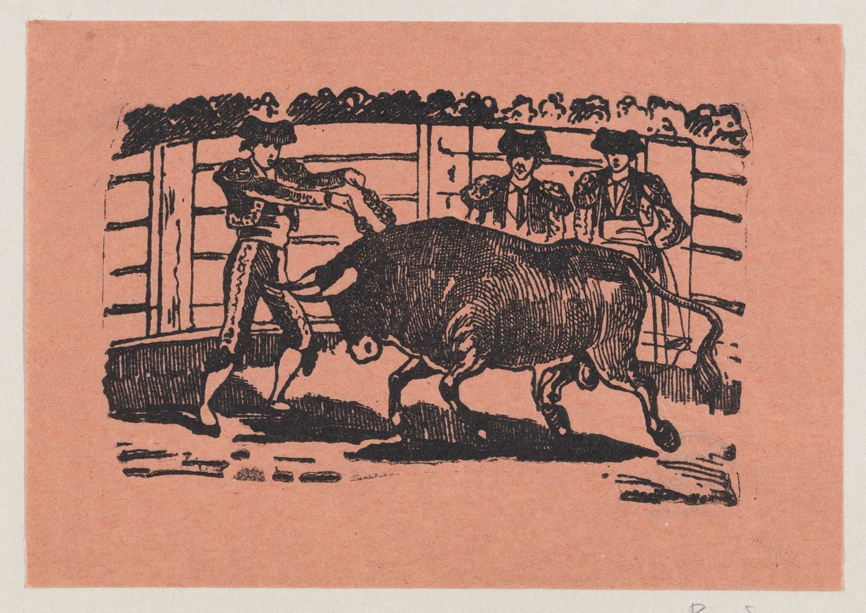 Ein Torero platziert Banderillas in die Schultern des Stiers, während zwei Männer hinter dem Stier stehen door José Guadalupe Posada