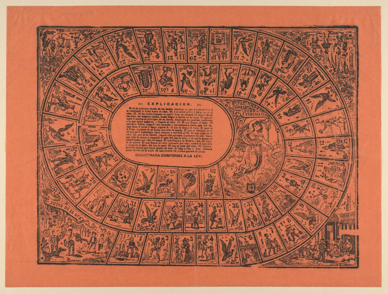 Gänsespiel (mit den Regeln in der Mitte gedruckt) door José Guadalupe Posada
