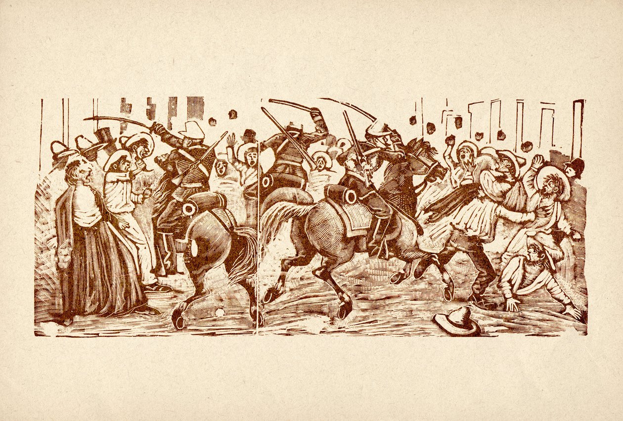 José Guadalupe POSADA (1852-1913): demonstratie in Mexico zwaar onderdrukt door de politie tijdens de dictatuur van Diaz (Jose de la Cruz Porfirio Diaz Mori door Jose Guadalupe Posada