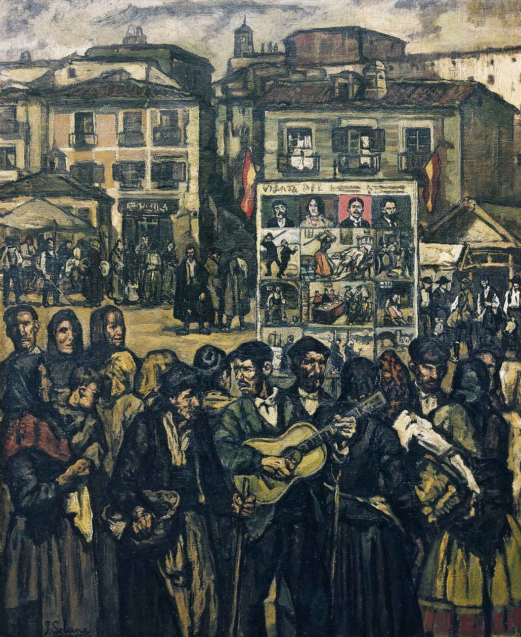 GUTIERREZ SOLANA, Jose (1886-1945). El cartel del crimen (El musico ciego) - het misdaadkartel (de blinde muzikant). ca. 1920. Privécollectie door Jose Gutierrez Solana