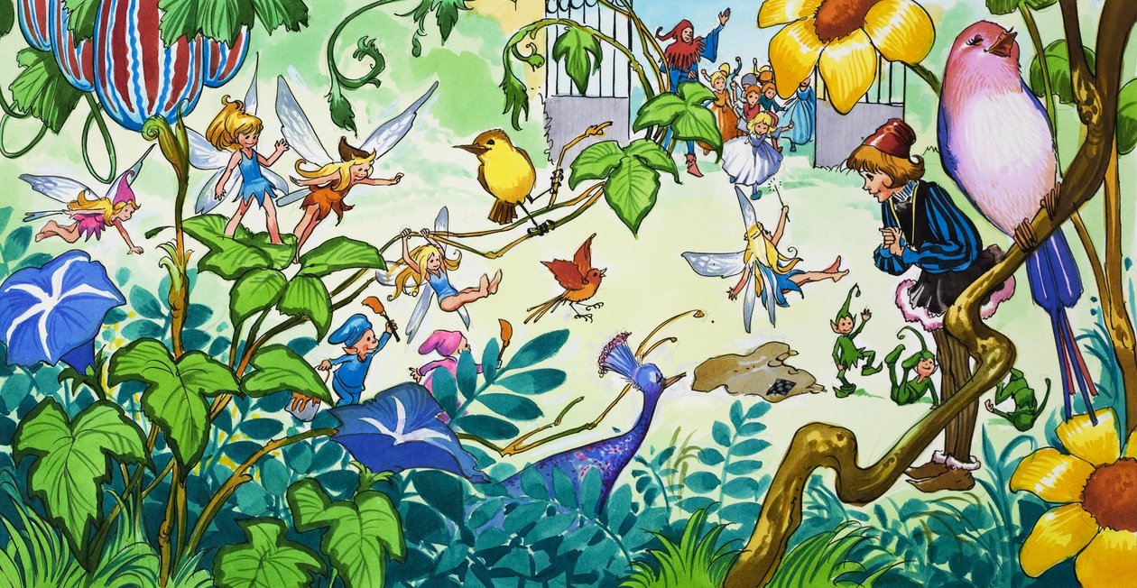 Feeën in de tuin (gouache op papier) door Jose Ortiz