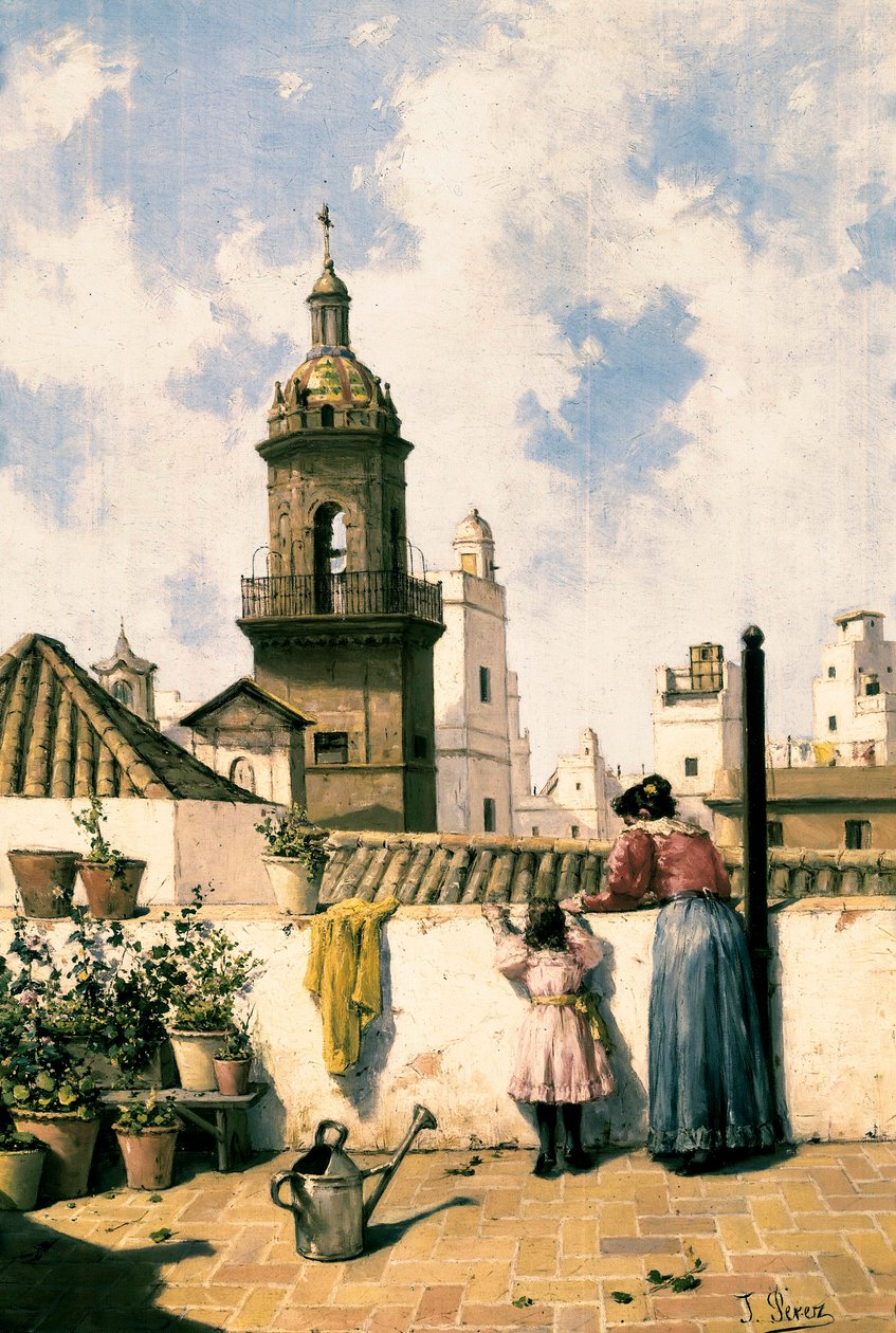 Dakterras in Cadiz. Een moeder en dochter waarschijnlijk de planten water gevend met de gieter in het midden van het terras. Schilderij door Jose Perez Siguimboscum (19e eeuw), eind 19e eeuw. door Jose Perez Siguimboscum