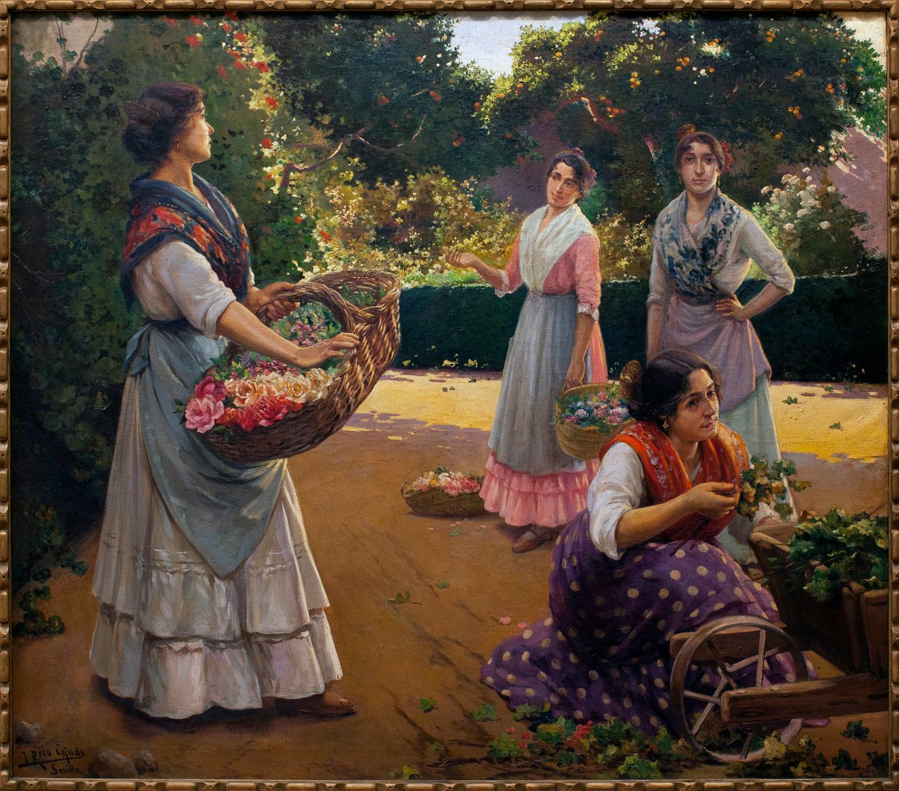 Bloemisten in het Park van Maria Luisa - Schilderij door Jose Rico Cejudo, Olieverf op doek door Jose Rico y Cejudo