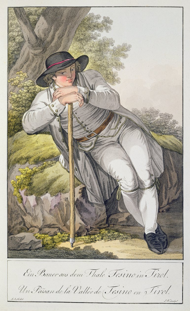 Een Boer uit de Tesino-vallei in Tirol, uit een collectie van 24 kleurplaten, gepubliceerd ca. 1800 door Josef Anton Kapeller