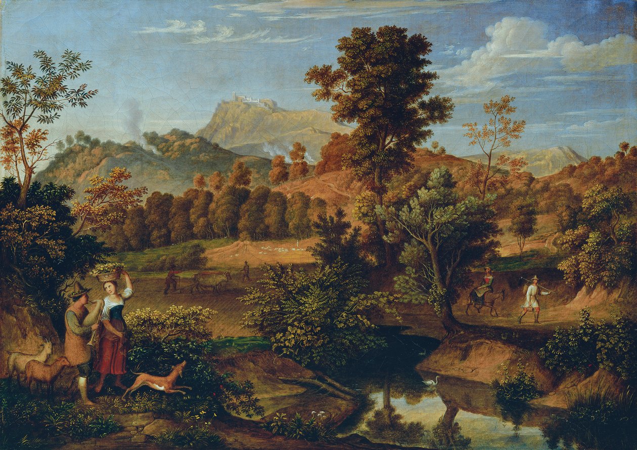 Italiaans landschap met ploegende boer (De Serpentara bij Olevano, landschap bij Paliano) door Josef Anton Koch