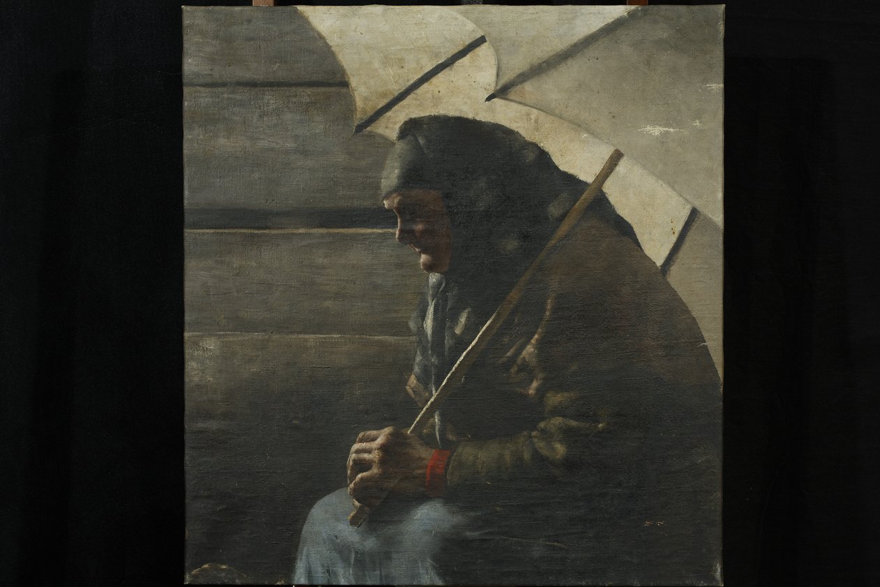 Oude marktverkoopster met parasol door Josef Engelhart