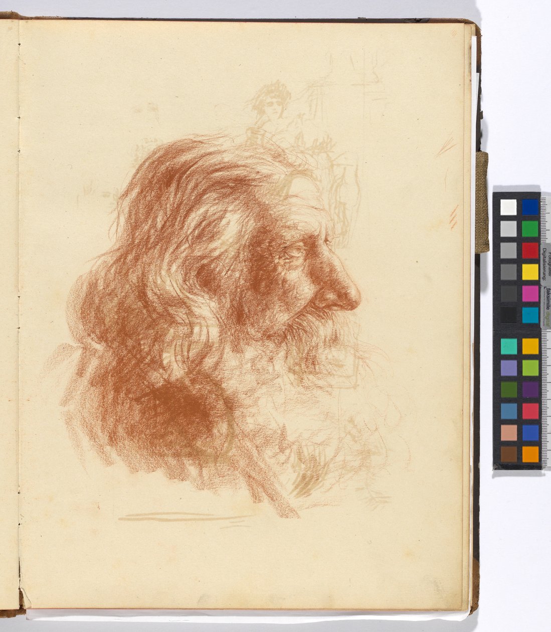 Pagina uit een schetsboek: studie van een man met een baard (achterzijde: studies van een vrouwelijk kostuumfiguur en van een schilderalbum) door Josef Engelhart