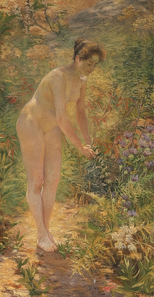 Staande vrouwelijke naakt in de tuin. Rond 1900 door Josef Engelhart
