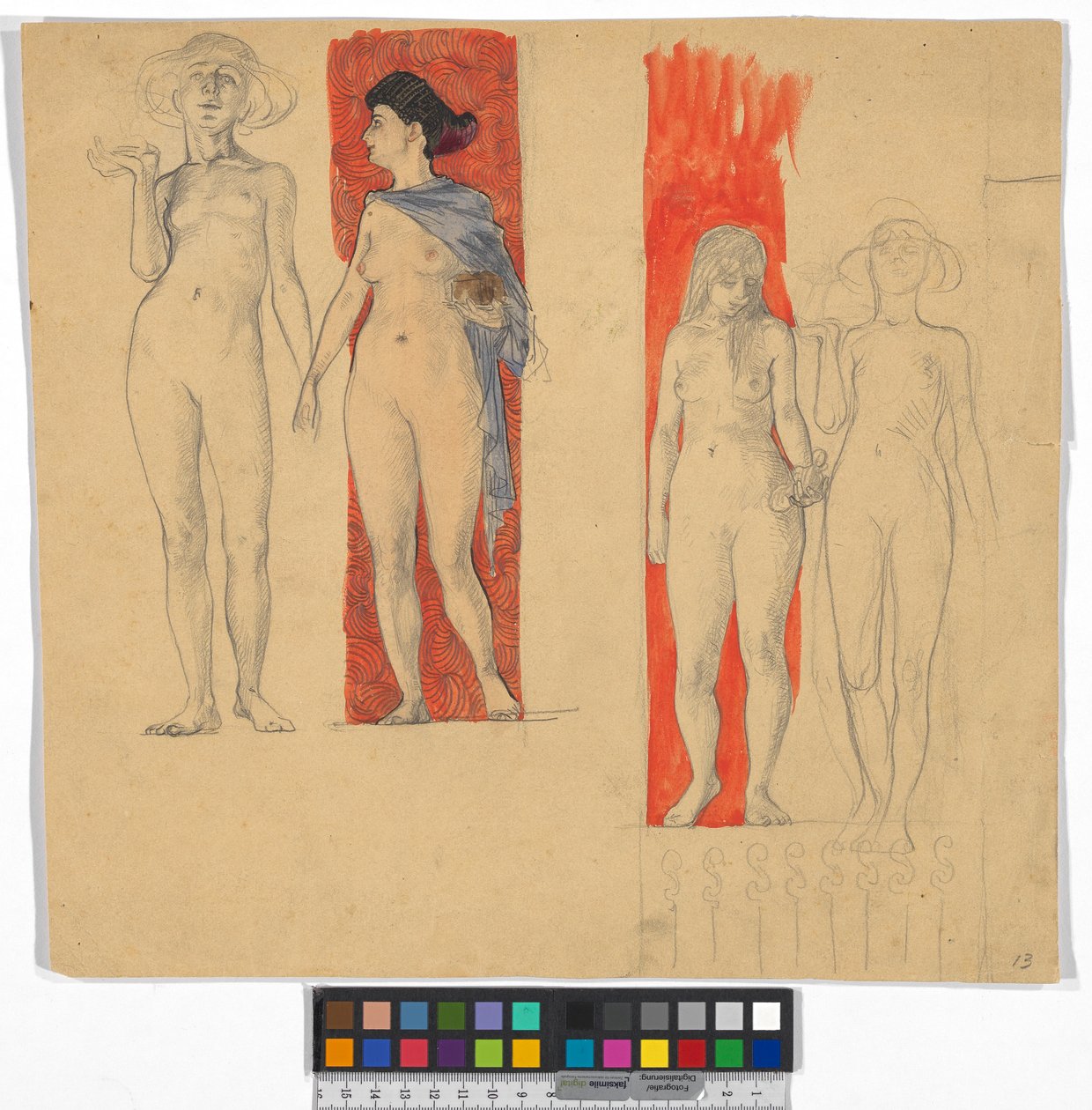 Vier Frauenakte (Studie zum Ferdinand Raimund Zyklus im Schloss Kogl, Attergau?) door Josef Engelhart