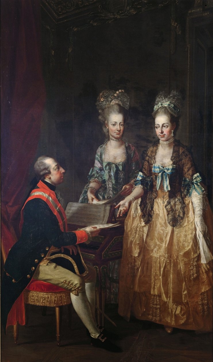 Portret van keizer Jozef II aan het spinet met zijn zussen Maria Elisabeth en Maria Anna. door Josef Hauzinger