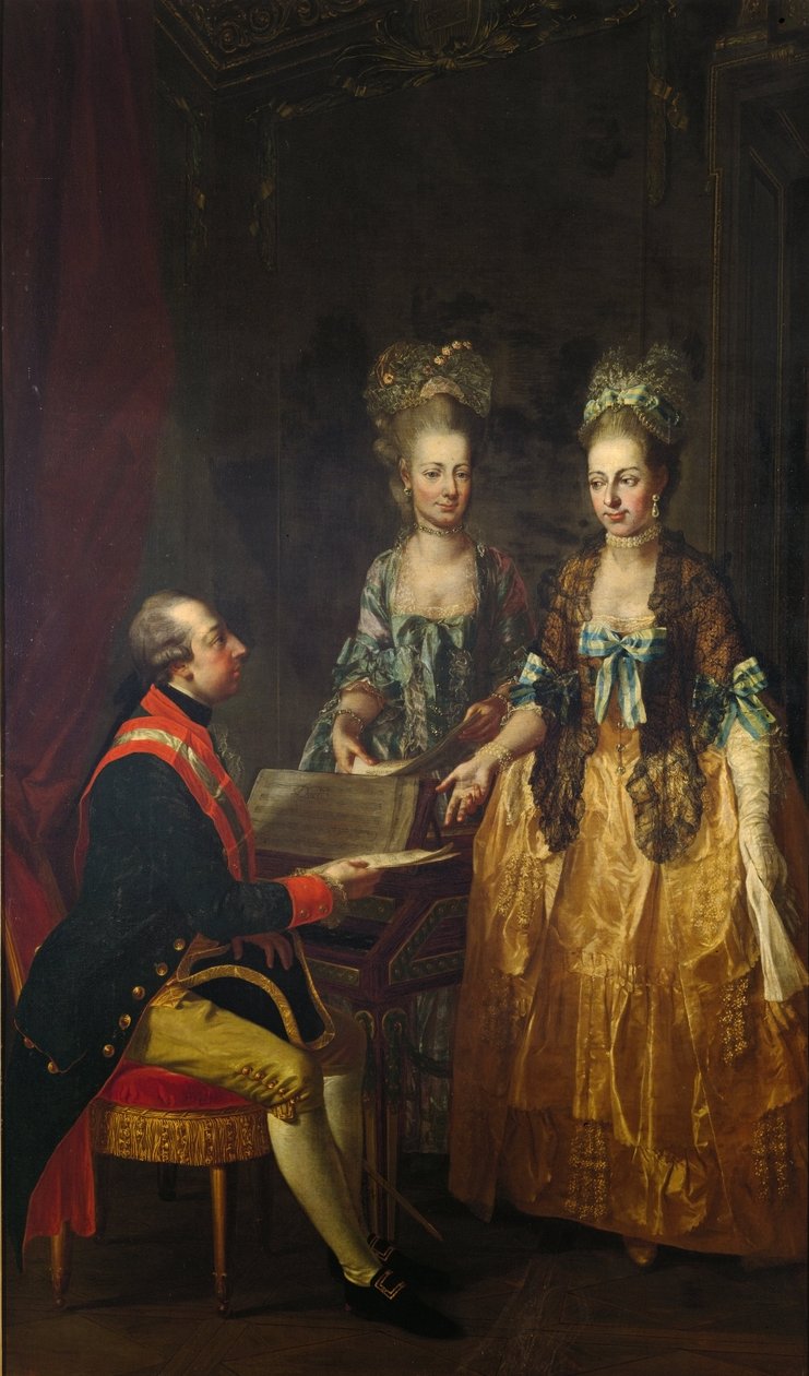 Portret van keizer Jozef II aan het spinet met zijn zussen Maria Elisabeth en Maria Anna door Josef Hauzinger