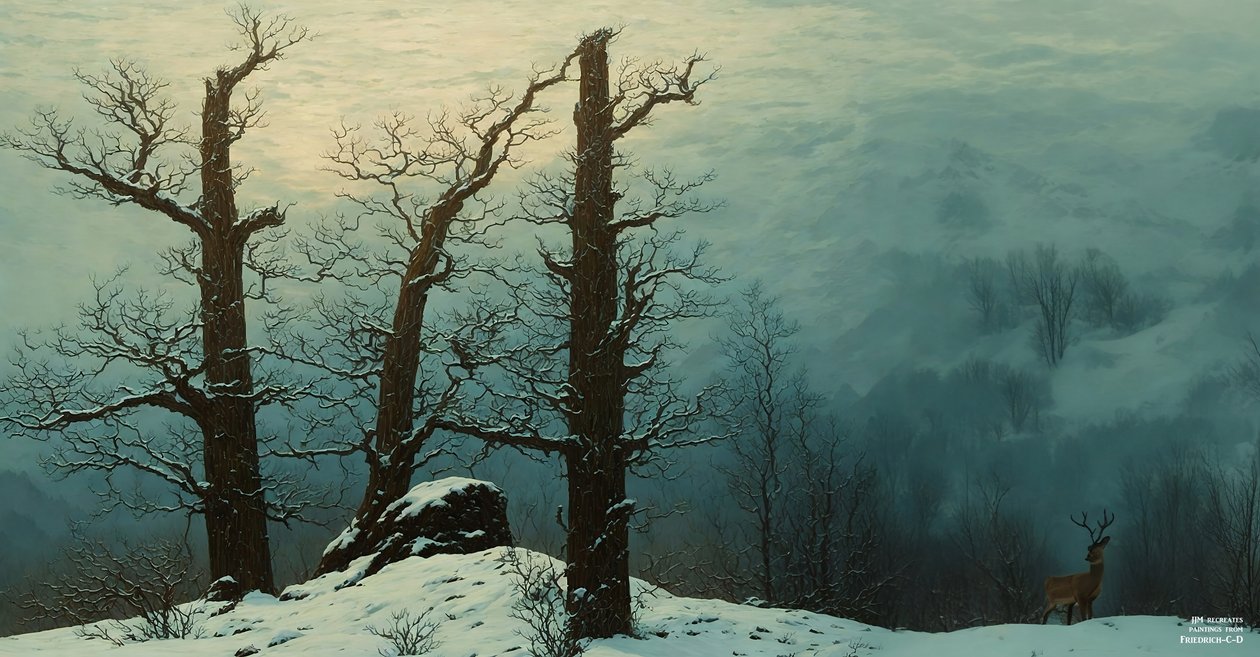 JJM recreëert Friedrich-C-D: Steenhoop in de sneeuw (Panorama) door Josef Johann Michel