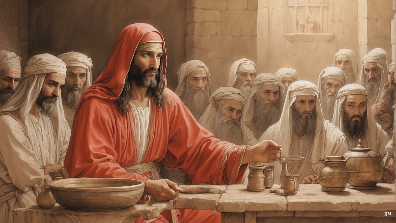 Jezus zegt tegen de dienaren: vul de waterkruiken - Bruiloft van Kana door Josef Johann Michel