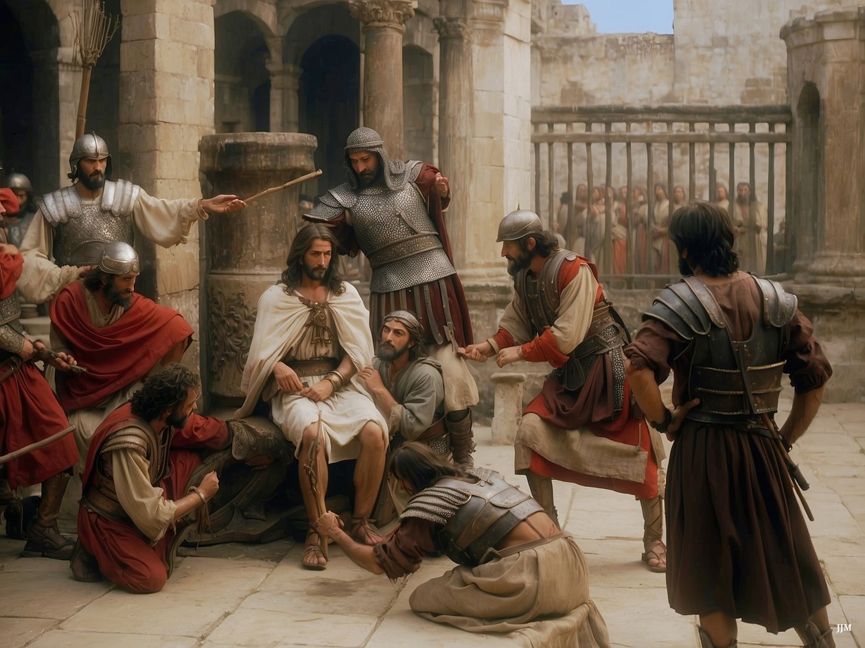 Jezus bespot en geslagen door Romeinse soldaten door Josef Johann Michel