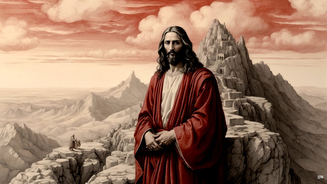 Jezus door de duivel op een berg getoond - aanbid mij door Josef Johann Michel