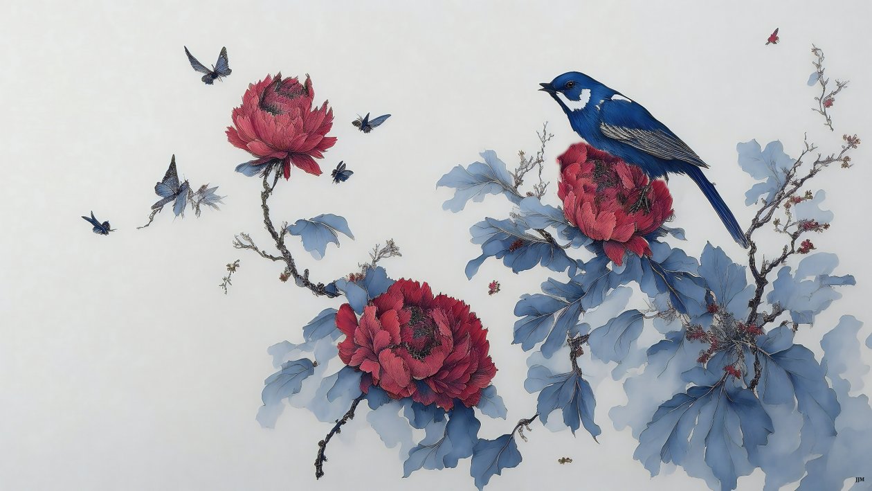 inkt schilderij: Pioen in blauw 01 door Josef Johann Michel