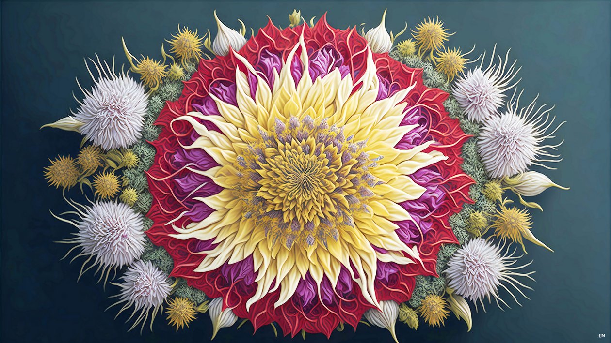 mandala: Distel met bloesem elementen_01 door Josef Johann Michel