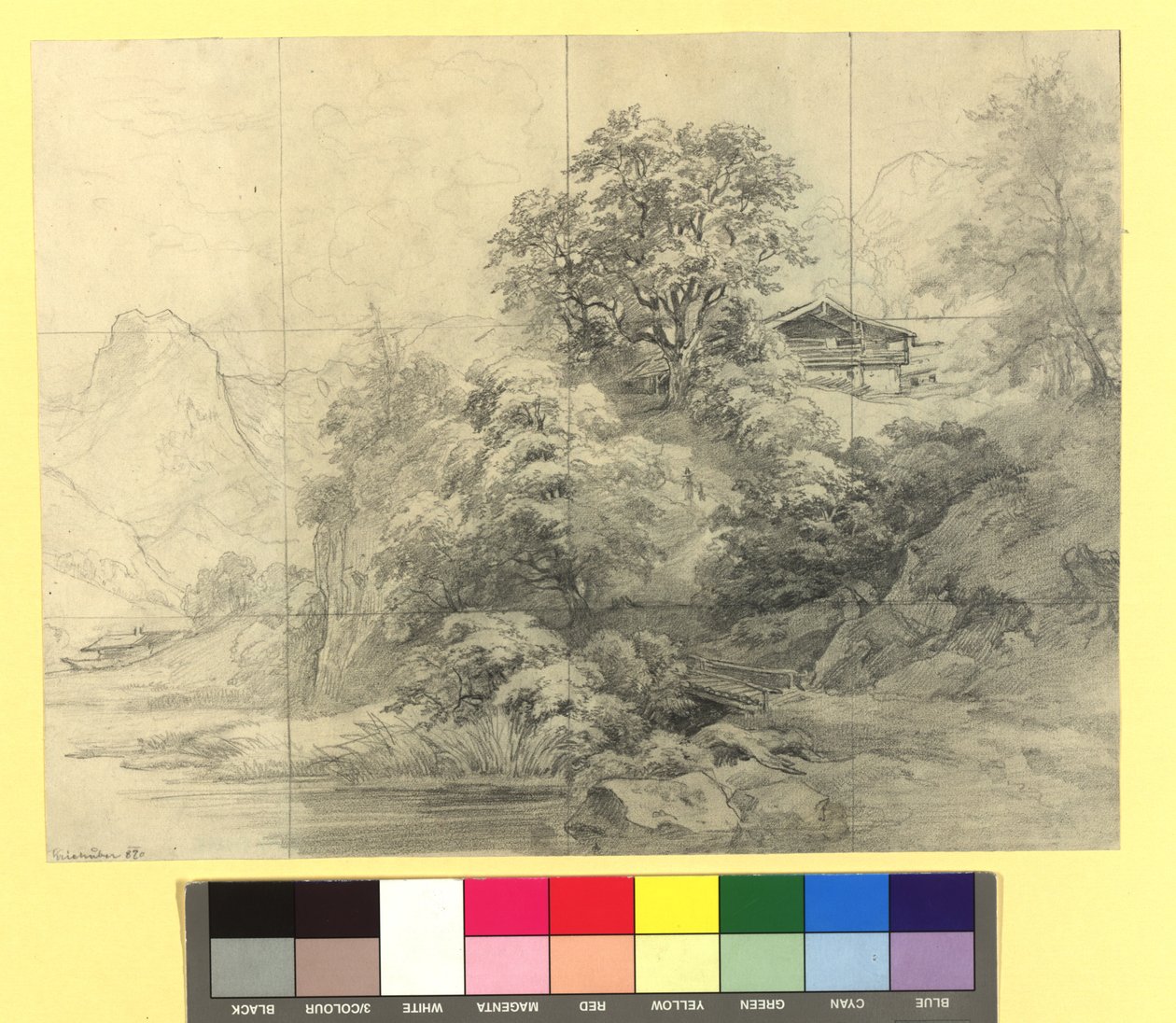 Berglandschap met boerderijen door Josef Kriehuber