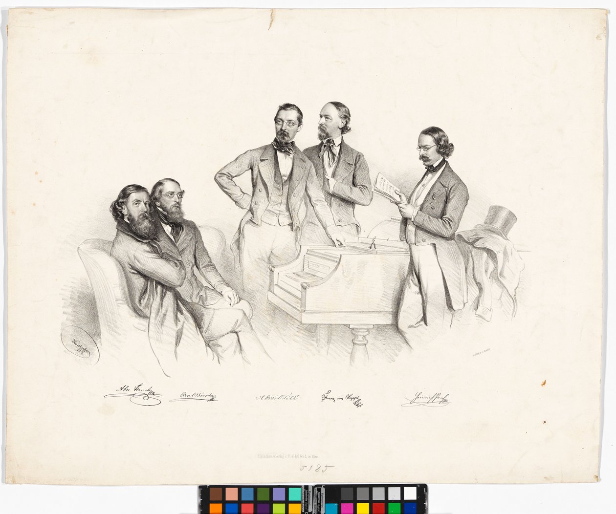 Groepsfoto: Anton Storch, Carl Binder, Anton Emil Titl, Franz von Suppé, Heinrich Proch door Josef Kriehuber