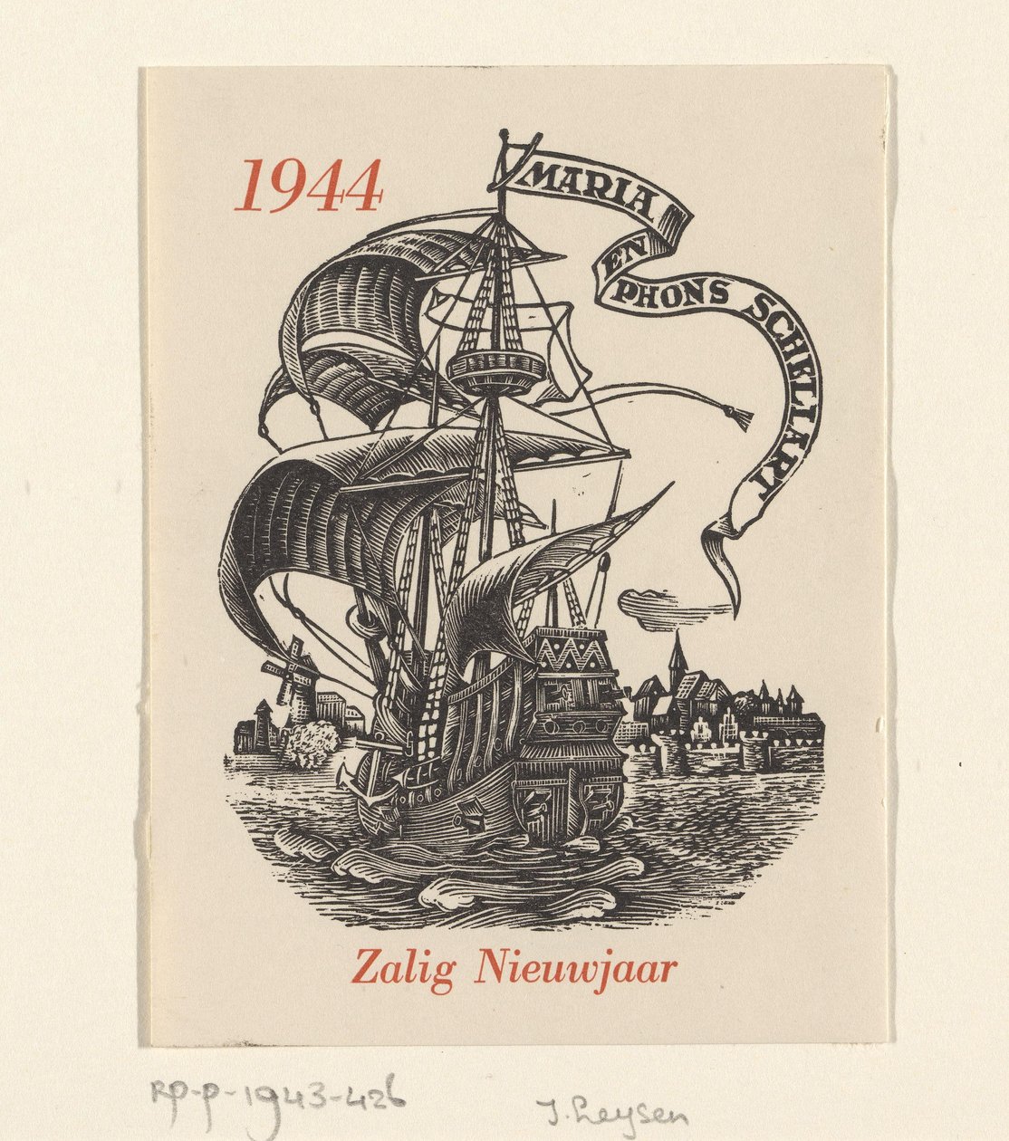 Nieuwjaarswens voor 1944 van Mária en Phons Schellart door Josef Leysen (Jef)