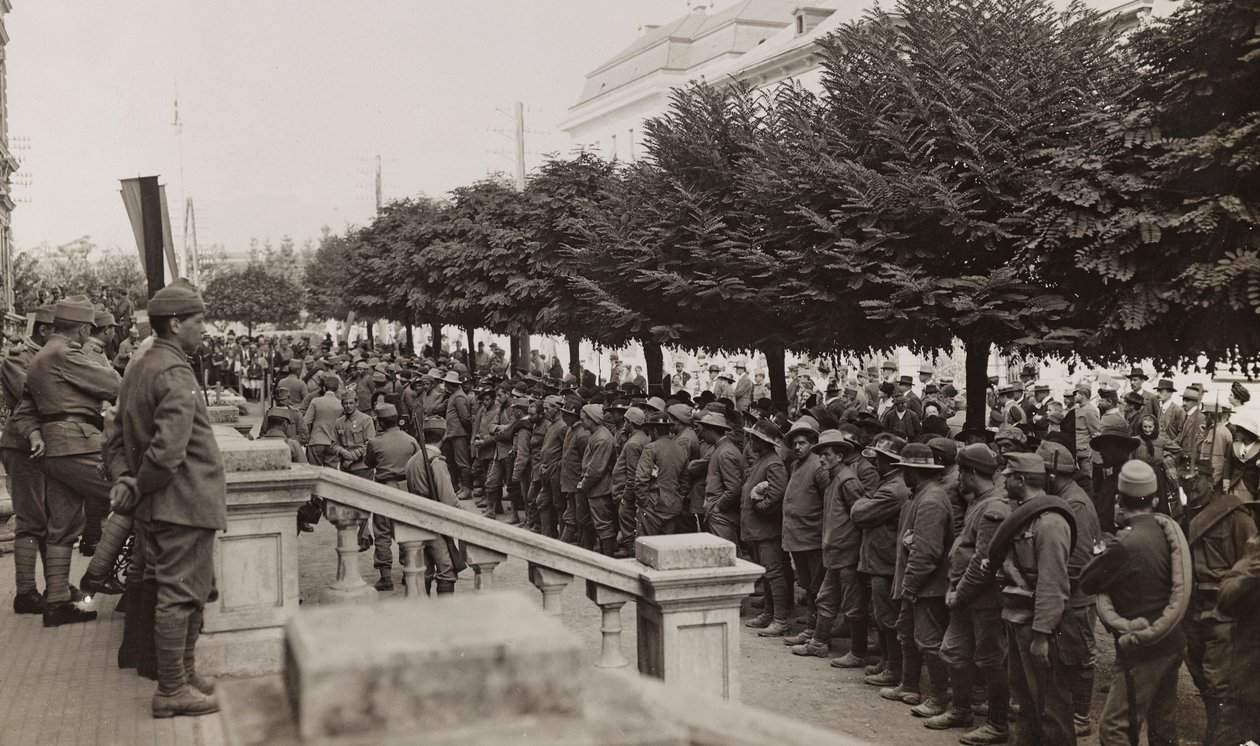 Album "Meine weltkriegs - Erinnerungen South-West Front (Karinthië, Italië, Zuid-Tirol) 31/03/1915-12/11/1918 - Josef Zohles Wien": soldaten met veel gevangenen door Josef Zohles