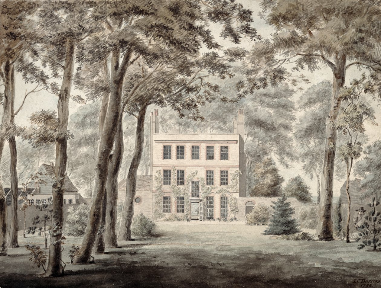 Een tuinman aan het werk in de tuinen van een elegant landhuis, 1788 door Joseph Charles Barrow