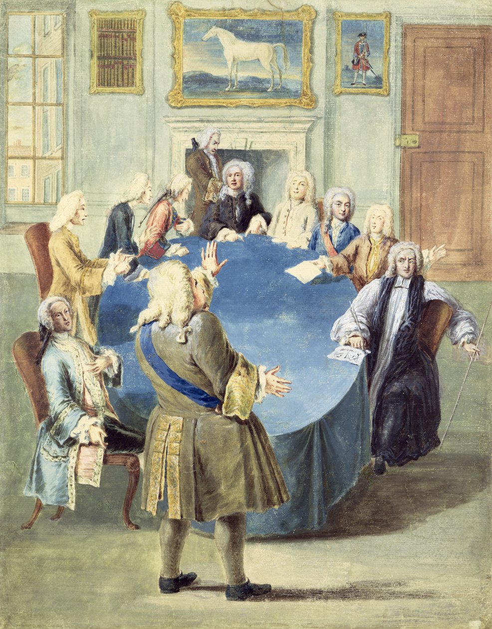 Sir Robert Walpole spreekt zijn kabinet toe door Joseph Goupy