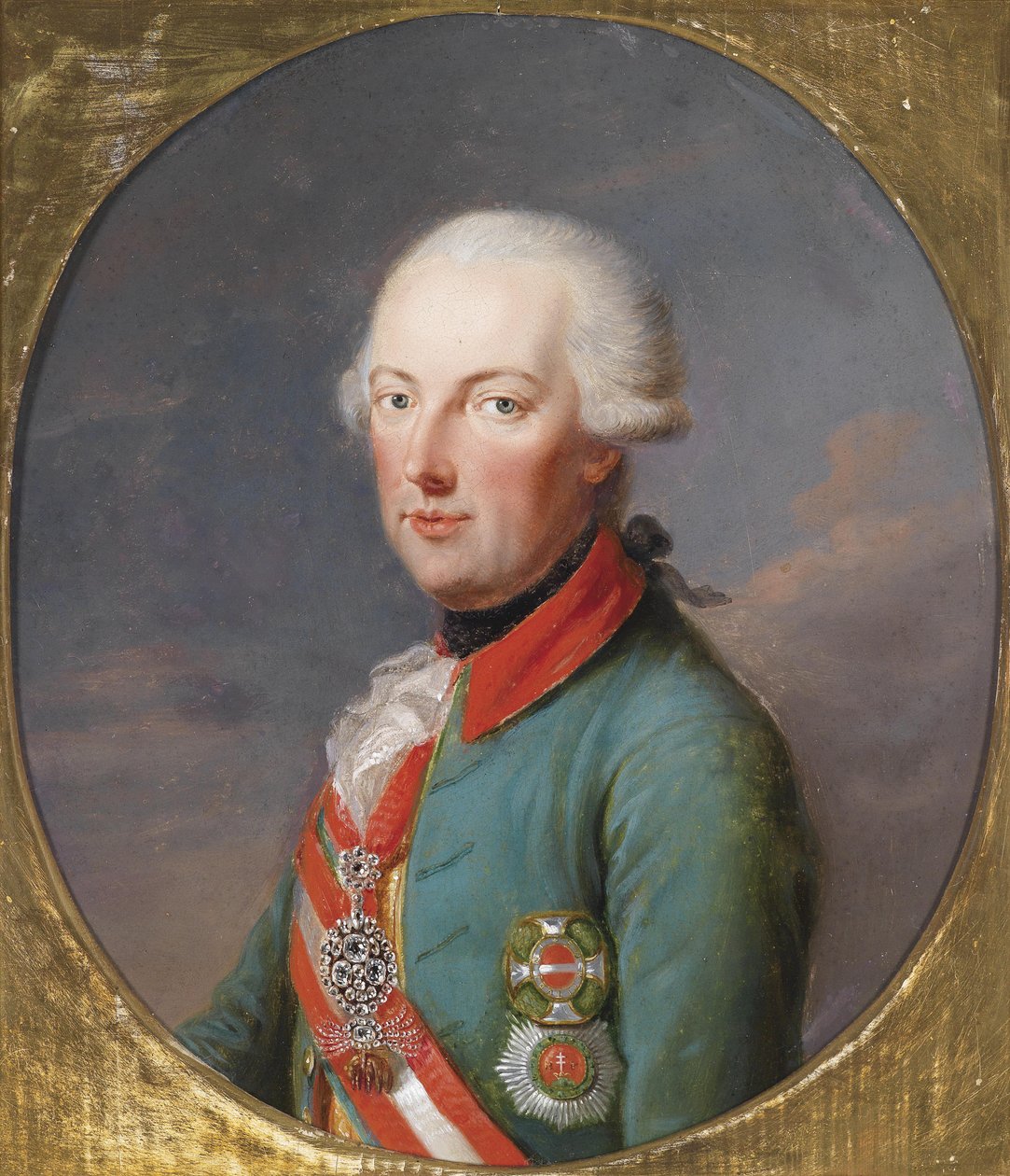 Keizer Jozef II in het officiersuniform van de Chevaux Legers met de Orde van het Gulden Vlies in diamanten, de Maria-Theresia-orde en de Stephanusorde door Joseph Hickel