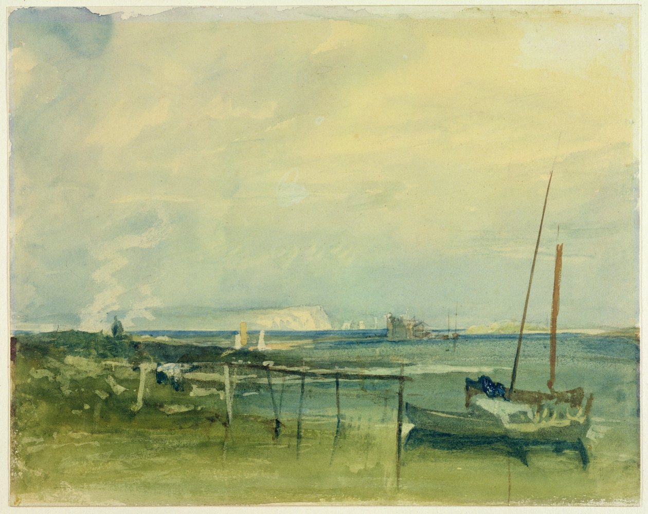 Kustscène met witte kliffen en boten aan de kust door Joseph Mallord William Turner