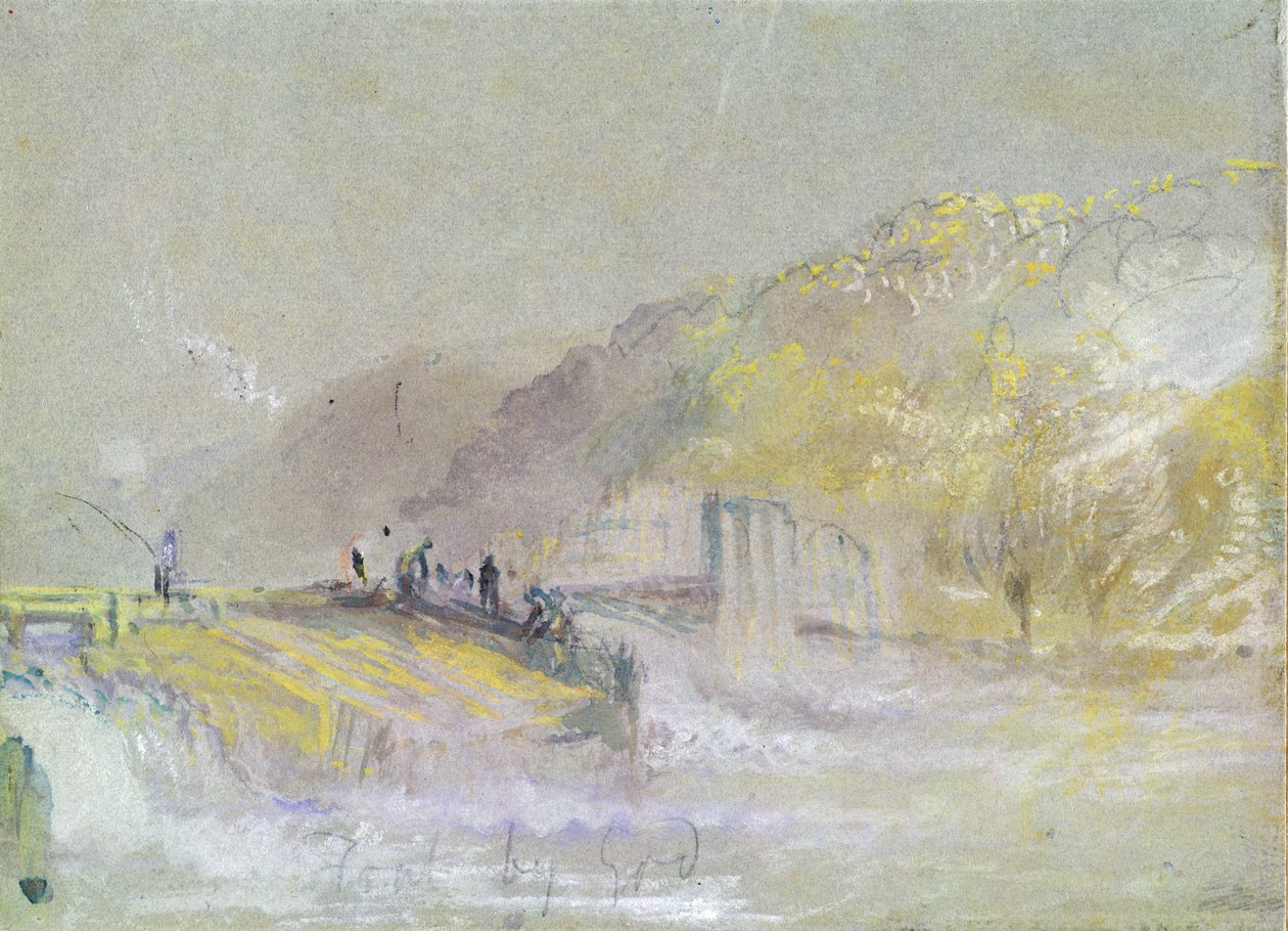Foul by God: Rivierlandschap met vissers die vissen vanaf een stuw, c.1830 door Joseph Mallord William Turner
