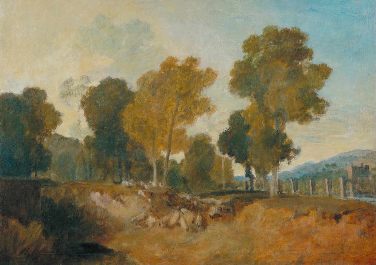 Bomen langs de rivier, met brug in de verte door Joseph Mallord William Turner