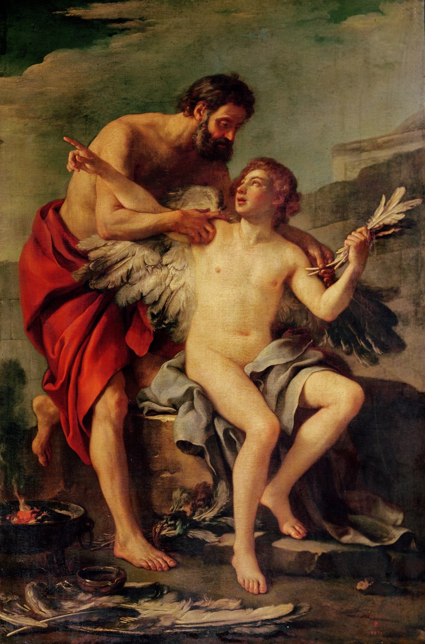 Daedalus bevestigt de vleugels van Icarus, ca. 1754 door Joseph Marie, the Elder Vien